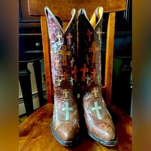 Old Gringo Womens Ooh My God II Brown Multicolored Cross Overlay Boots.